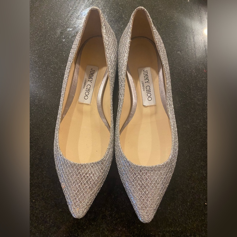 NWT Jimmy Choo silver glitter Romy ballet flats. Size 35.5.